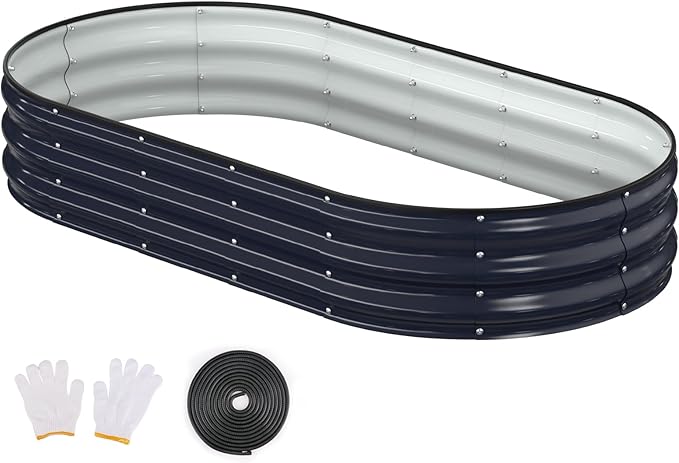 Raised Garden Bed, 6x3x1ft Galvanized Outdoor Planter Beds with Safety Edging and Gloves, Oval Metal Planter Box for Gardening Vegetables Flowers Herb-Midnight Blue