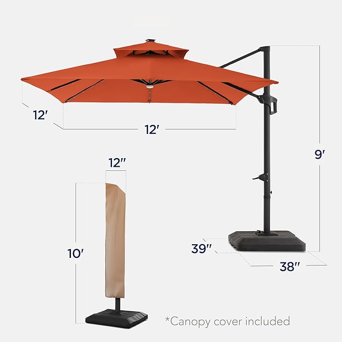 Best Choice Products 12x12ft LED Cantilever Patio Umbrella w/Base Included & 360° Rotation, Large Solar Offset Hanging Outdoor Sun Shade for Deck, Backyard Table w/Stand & Lights – Rust