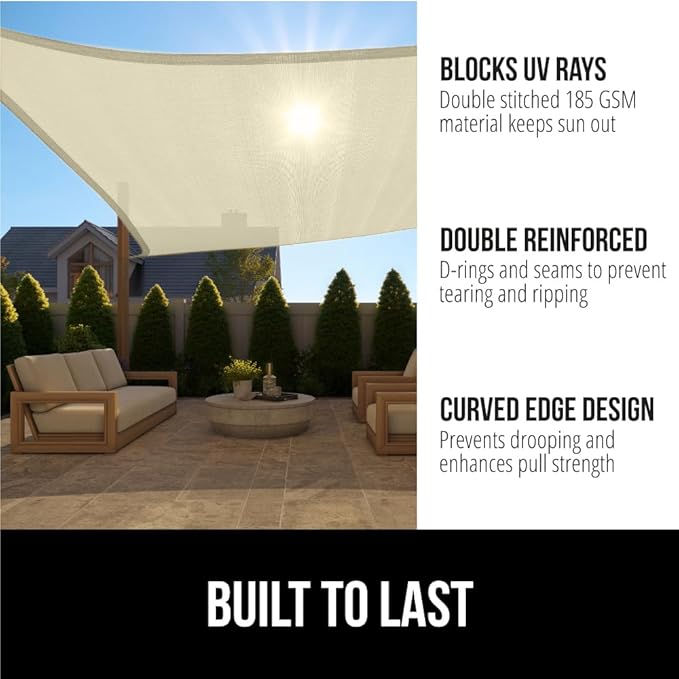 GORILLA GRIP Heavy Duty Sun Shade, UV Protection Fade Tear and Rust Resistant Rectangle Sunshade Canopy, Curved Edges Blocks Sunlight, Breathable Sail, Outdoor Patio, Lawn Garden 12x12 FT Butter Cream