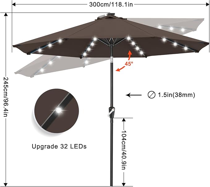 ABCCANOPY 10FT Durable Solar Led Patio Umbrellas with 32LED Lights (Brown)