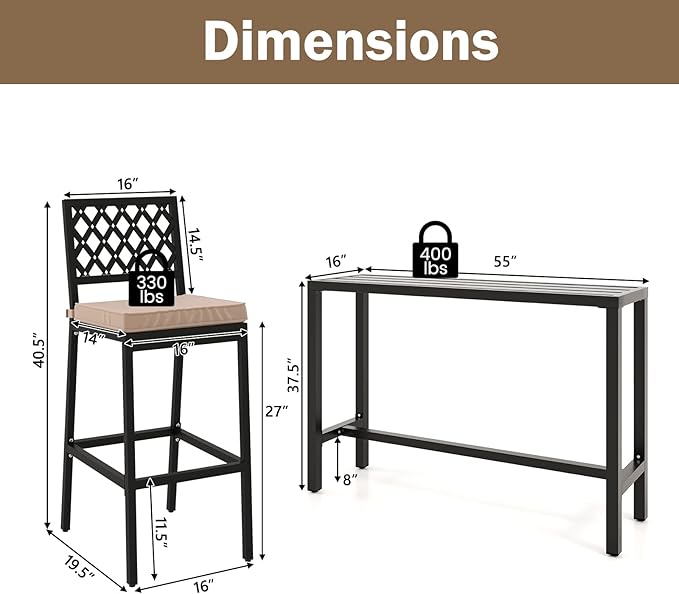 COSTWAY 3 Piece Outdoor Bar Table and Chairs Set, 55" Pub Height Bar Table & 2 Cushioned Bar Stools with Rhombus Backrest, Metal Patio Bar Table Set for Balcony, Backyard, Porch, Pool