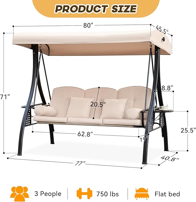 3 in 1 Outdoor Porch Swing with Adjustable Canopy, 3 Seat Outdoor Swing for Adults, Patio Swing Chair with Thickened Cushions,Pillows & Cup Holders for Backyard, Porch, Garden (Khaki)