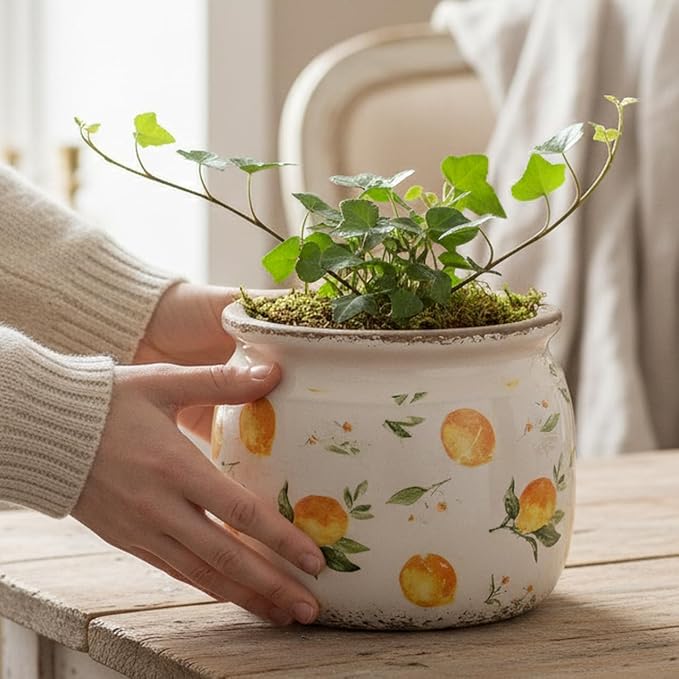 Lemon Summer Decor Plant Pot, 6 Inch Vintage Ceramic Planter with Drainage for Indoor Plants, Rustic Lemons Vase for Centerpieces, Mediterranean Kitchen Home Decor, Yellow Gifts for Gardening