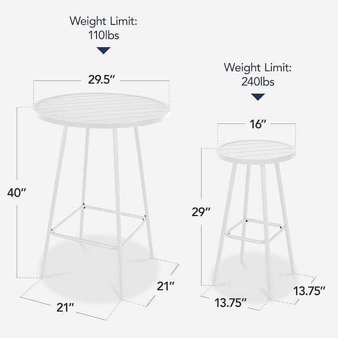 Best Choice Products 3-Piece Patio Dining Set, Bar Height, Outdoor Bistro Set, Outdoor Round Bar Table w/ 2 Bar Stools, Steel - White
