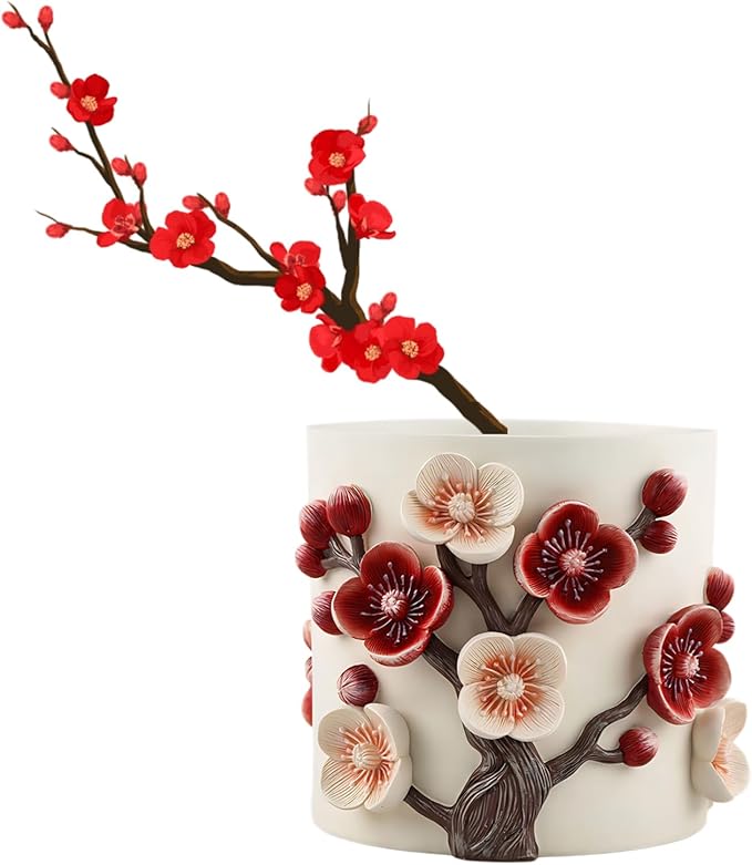 Flower Pot, 5 Inch Cute Plant Pots with Plum Blossom Design, Resin Decorative Flower Pots with Drainage for Indoor Plants, Succulents, Home and Garden Decor