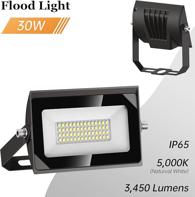 dephen 30W LED Flood Lights Outdoor with Bracket Mount, 3450Lumen 120V Security Lighting, 5000K IP65 Waterproof Wall Pack Floodlight for Garden Yard Patio Porch (UL-Listed)