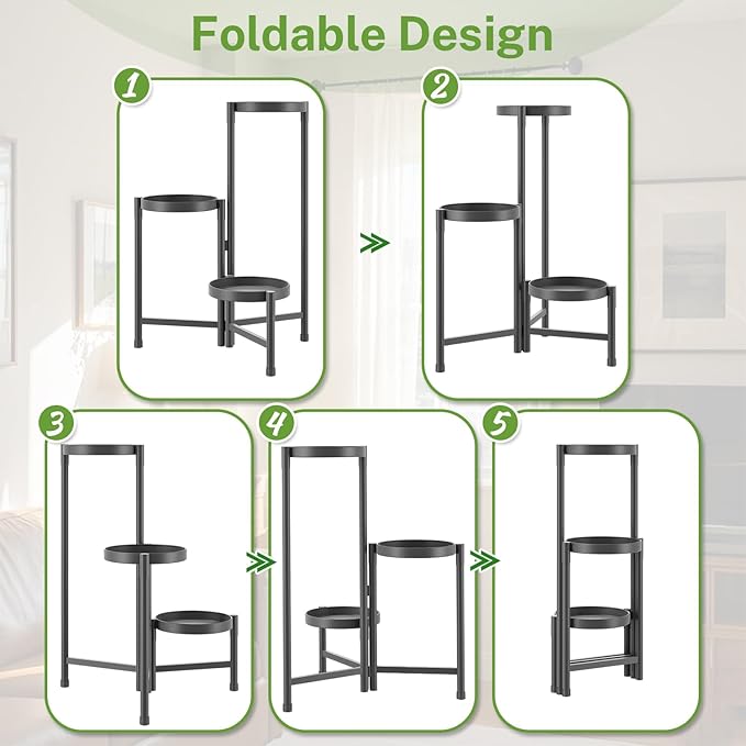 iDavosic.ly Plant Stand Indoor Outdoor, 3 Tier Corner Metal Flower Display Holder Shelf, Easy Assembly Folding Tall Orchid Rack for Patio Balcony Porch Garden Living Room House, Black