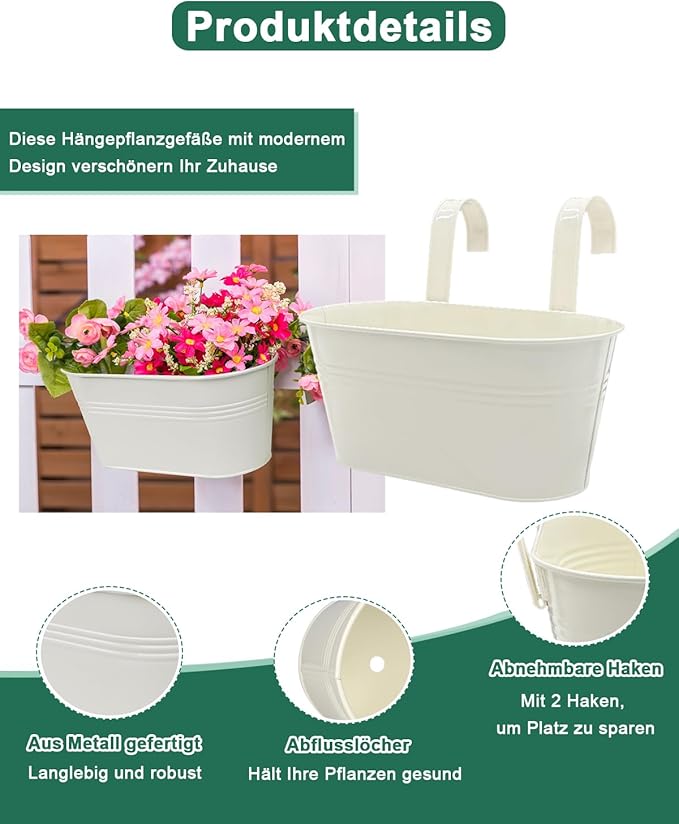 Metal Railing Planters for Outdoor Plants - 3 Pcs Balcony Hanging Flower Pots with Detachable Hooks & Drain Holes, Windowsill Oval Hanging Bucket Pots Fence Planters for Garden Home Decor, Cream White