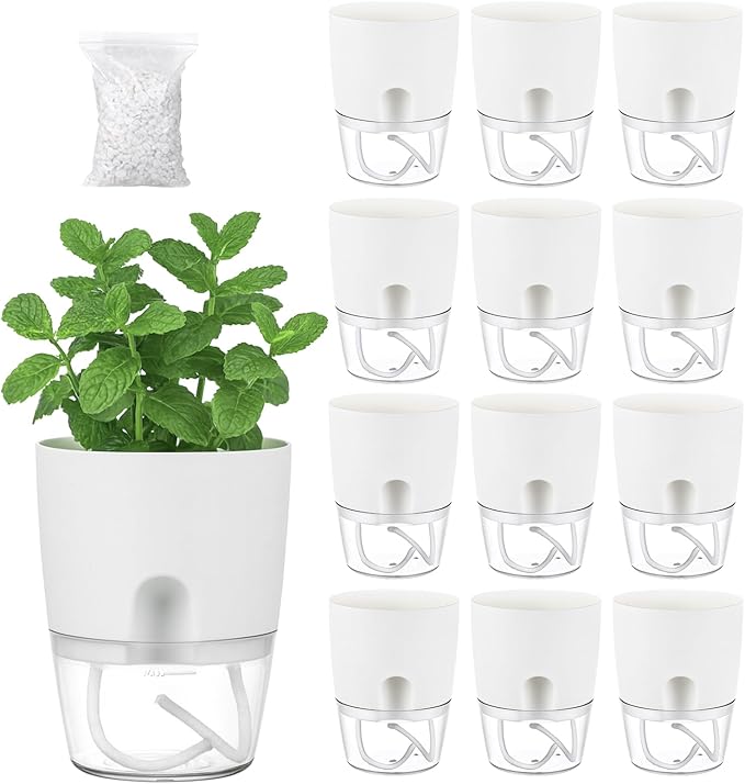 Planterhoma 12 Pack Self Watering Pots for Indoor Plants, 3.2 Inch Plant Pot Plastic Self Watering Planter for Orchid, African Violet, Clear Flower Pots with Drainage Holes and Wicking Rope, White
