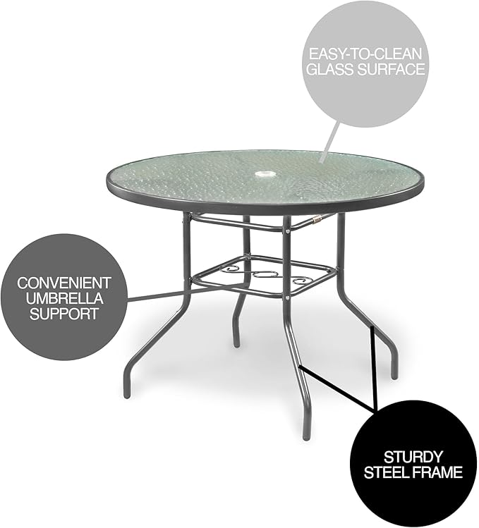 Garden Elements Outdoor Patio Furniture, Round Dining Table, Steel Base and Rim with Water-Wave Glass Top, Grey, 40"