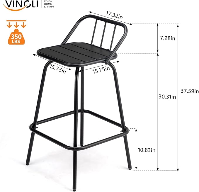 VINGLI 2 PCS Outdoor Swivel Bar Stools, 30 Inch Metal Barstools with Backrest & Footrest, 360° Rotating All-Weather Stools for Garden, Balcony, Kitchen Island (Black)