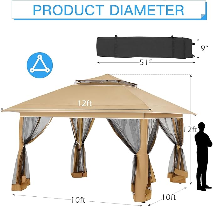 ECOTOUGE Canopy Tent with Sidewalls Instant Shelter Canopy with Carrying Roller Bag, Outdoor Party Gazebo with Waterproof and UV Resistant for Parties, Camping, Picnic (Khaki 12FT)