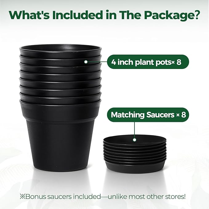 T4U 4 Inch Plant Pots 8-Pack, Small Flower Pots with Drainage Hole and Saucer, Decorative Nursery Pot Bulk for African Violet, Snake Plant, Succulent, Herb and Plants Indoor (8 Pcs 4" Pots, Black)
