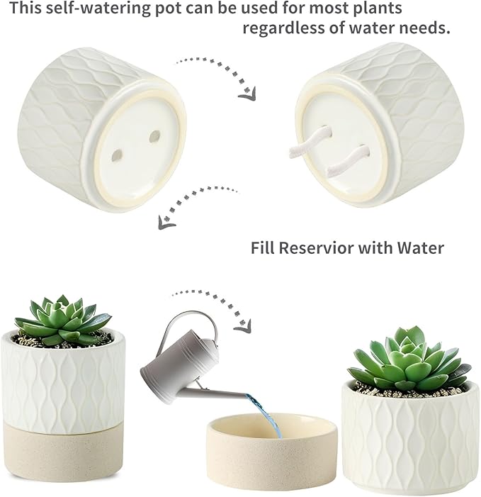 Nihow Self Watering Plant Pot for Indoor Plants: 4.5+6 Inch Ceramic Planter with Drainage Hole & Water Storage Plus - Cylinder Flower Pot with Wick for Herbs - Cream White & Brown Net