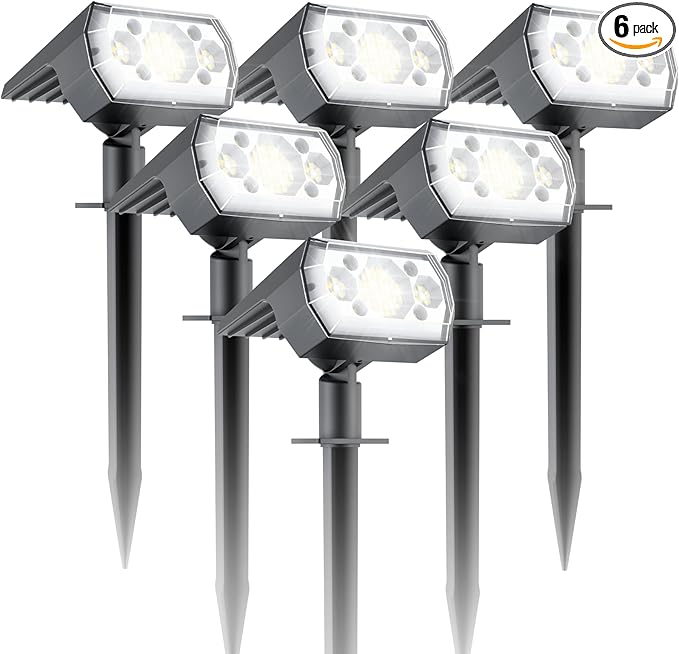 6 Packs Solar Spot Lights Outdoor, 64 LED 6500K Solar Lights Outdoor, IP67 Waterproof, Adjustable Brightness Dusk to Dawn Solar Spotlights for Garden, Yard, Lawn, Walkway, Driveway - Cool Daylight