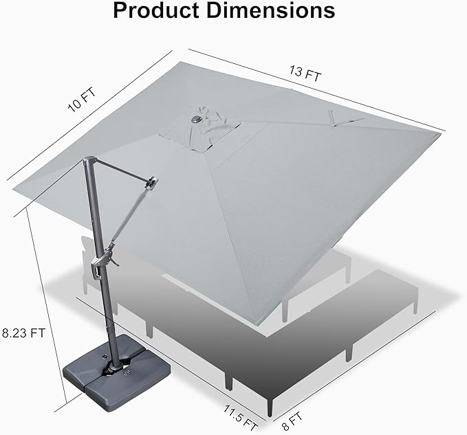 PURPLE LEAF Patio Umbrella 10' X 13' Rectangle Cantilever Umbrella Large Aluminum Outdoor Umbrellas with 360-degree Rotation & UPF40+ Premium Fabric for Deck Pool Garden Yard, Pebble Grey