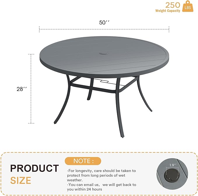 VICLLAX 50" Outdoor Round Patio Table with Umbrella Hole, All Weather Metal Round Outdoor Dining Table for Lawn Garden, 6-8 Person Table, Grey