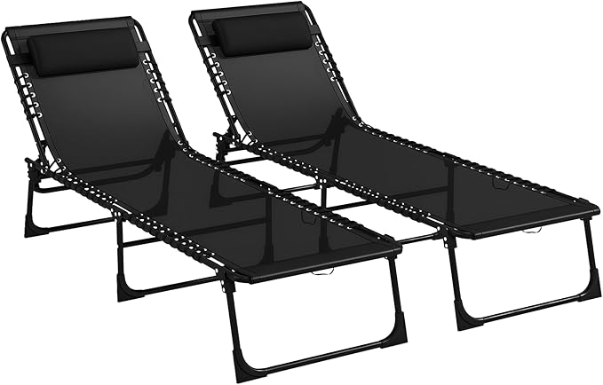 Outsunny Folding Chaise Lounge Chair Set of 2, Patio Sun Tanning Chair, Outdoor Chaise Lounger with 4-Position Reclining Back, Breathable Mesh Seat for Beach, Poolside, Black