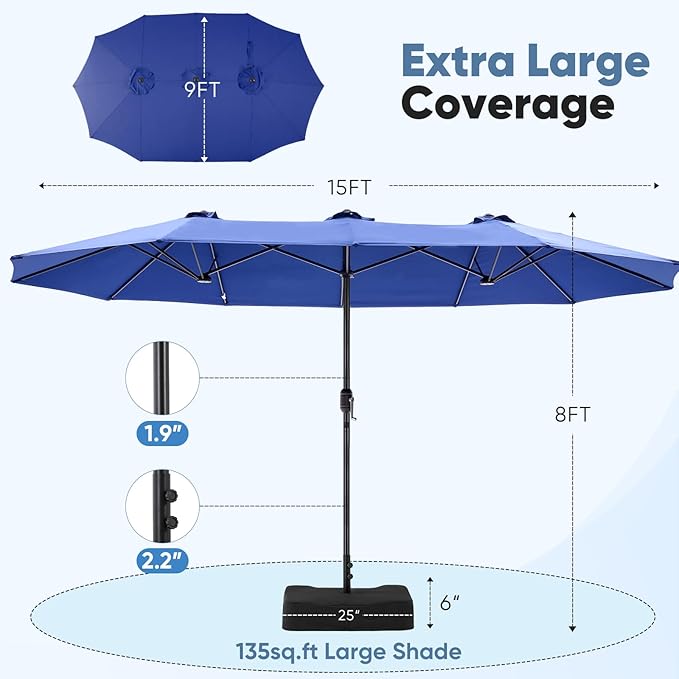 DUMOS 15FT Large Patio Umbrella with Base Included, Heavy Duty Extra Wide Outside Umbrella with 12 Ribbed Bars, Rectangle Outdoor Table Umbrella for Patio, Backyard, Pool, Deck & Garden, Blue