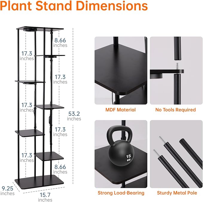 Bstrip Plant Stand Indoor with Grow Lights, 7-Tier Flower Rack, 5-Pack Full Spectrum Lights with Timer, Corner Plant Stand for Indoor Plants, 53" Tall Rectangular Stand for Living Room