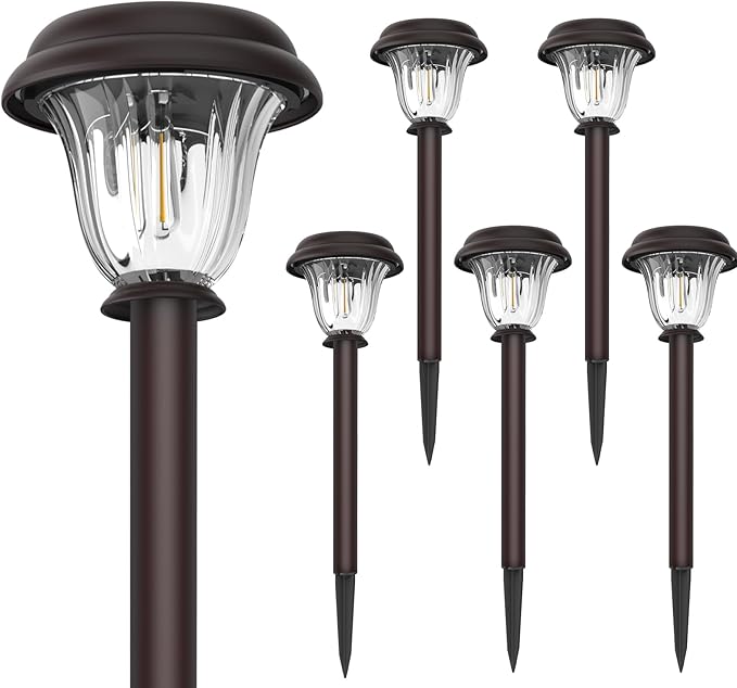 Solar Lights Outdoor, 6 Pack Metal Solar Pathway Lights, Heavy Duty Stainless Steel & Glass, Auto On/Off Waterproof Garden Lights for Driveway Landscape Walkway Yard Outdoor Decor (Warm White)