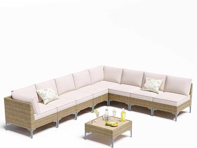 9 Piece Wicker Patio Furniture Set,Outdoor Conversation Sectional Sofa w/Coffee Table,All-Weather Outdoor Sofa with Thick and Anti-Slip Cushions for Deck,Poolside,Garden,Beige