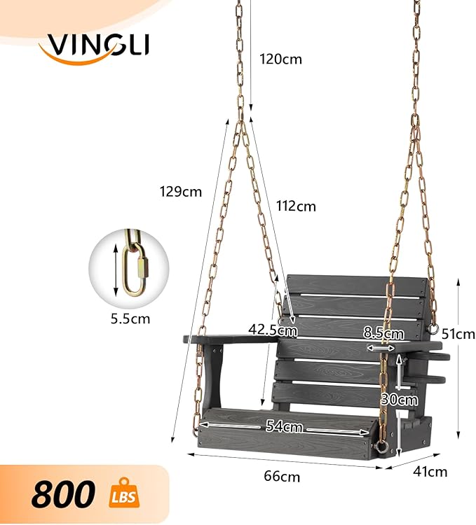 VINGLI Heavy Duty 880 LBS HDPE Porch Swing Outdoor with Rotatable Cup Holder, with Adjustable Chains, 1 Person Hanging Porch Swing Chair for Porch, Yard, Tree, Garden - Grey