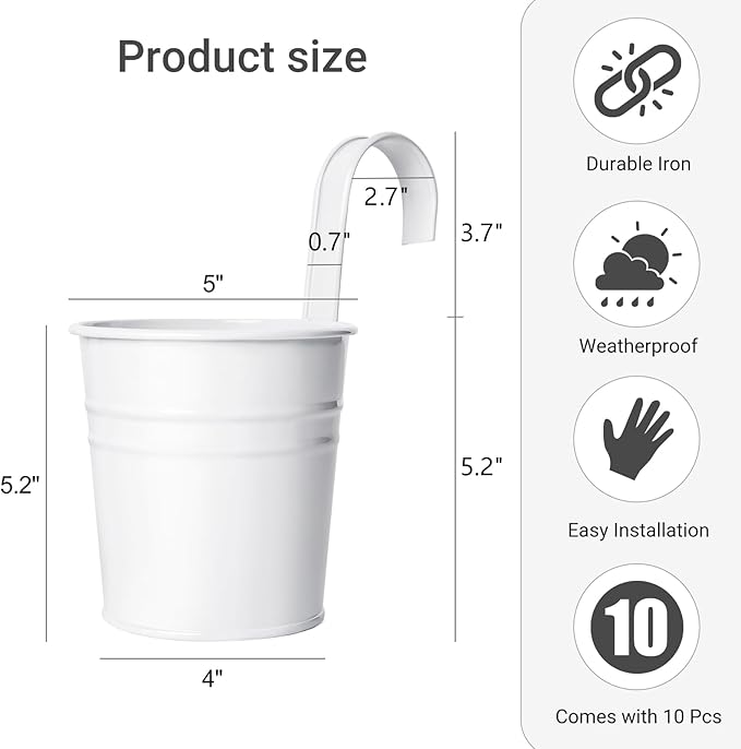 Dahey 10 Pcs Hanging Flower Pots Metal Iron Bucket Planter for Railing Fence Balcony Garden Home Decoration Flower Holders with Detachable Hooks, White, 5 inches