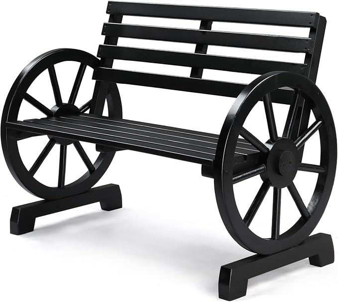 VINGLI Rustic Wooden Wheel Bench Outdoor Bench, Patio Bench Wagon Slatted Seat, Garden Benches for Outdoors 350lbs High Capacity, Weather Resistance (Black, 41in)