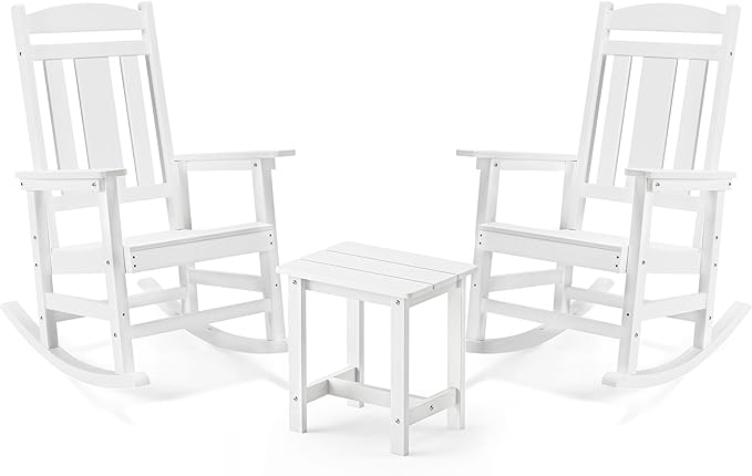LUE BONA Outdoor Rocking Chairs Set, 3-Piece, HDPS Poly Porch Rockers with Table, Plastic Weather Resistant Rocking Chair Set for Outdoor Indoor, Garden, Backyard, 350lb,White Chairs+Table