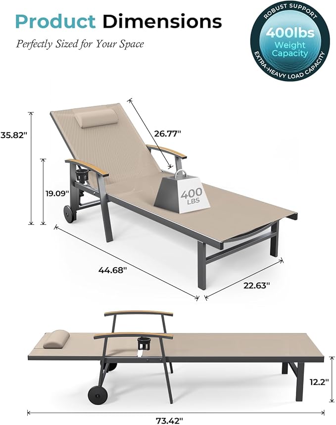 Ciokea Outdoor Lounge Chair with Pillow, 5-Position Aluminum Chaise Lounge with Wheels & Armrests, 400 lbs Heavy Duty Patio Pool Chair for Deck, Backyard, Beach & Poolside, Khaki