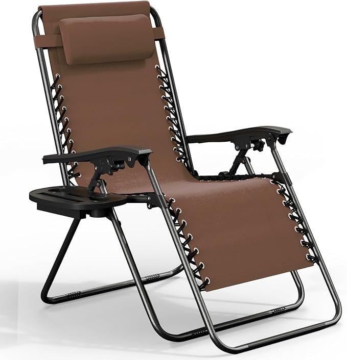 Nestl Zero Gravity Chairs, Portable Patio Lounge Chair Outdoor with Pillows & Cup Holder Trays, Adjustable Steel Mesh Reclining Camping Chair, Folding Patio Lawn Chair for Deck, Beach, Yard - Brown