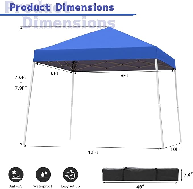 Canopy Tent, 10X10 FT Pop Up Canopy Outdoor Instant Tent Slant Legs with Carrying Bag, Portable Gazebo Shelter for Patio Deck Garden and Beach - 8X8 FT Canopy Cover, Blue
