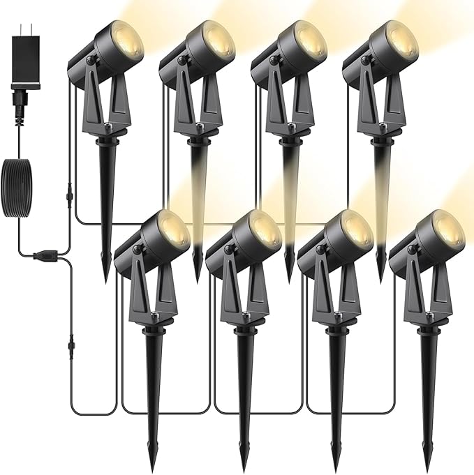 Svater Landscape Lighting Outdoor, 8 Pack Low Voltage Spotlights with Transformer, Plug in LED Spot Lights for Pathyway, Backyard, House,3000K Warm White, Super Bright 3W 250Lumem, Black