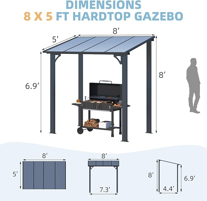 AECOJOY 8' x 5' Grill Gazebo Outdoor Pergola for Patio, 5x8 Lean to Hard Top Grill Gazebo Shelter Pergolas and Gazebos Clearance with Roof, Small Wall-Mounted Heavy Duty Awnings for Patio, Decks