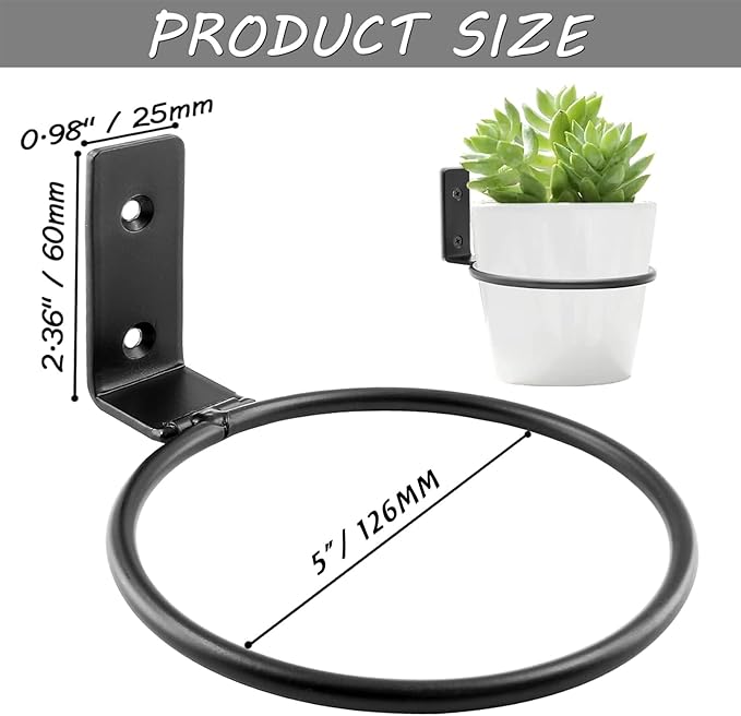 2 Pack 5 inch Flower Pot Holder Ring, Flower Pot Holder Ring Wall Mounted Set Wall Mounted Metal Planter Hanger Matte Black Hanging Plant Holder