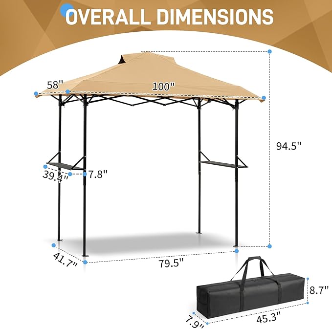 VINGLI 8x5 Pop Up Grill Gazebo BBQ Gazebo with 2 Side Shelves, Outdoor Grill Canopy BBQ Canopy Adjustable Height, Grilling Pergola for Patio Garden