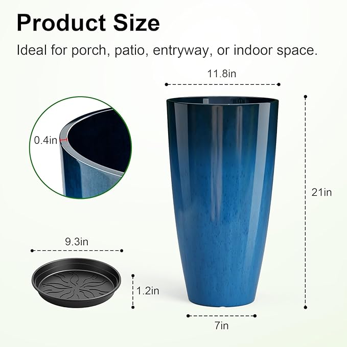 QCQHDU 21 inch Tall Planters for Outdoor & Indoor Plants, Set of 2 Large Outdoor Planters with Drainage Hole for Front Porch, Patio, Garden, Home Decor, Blue
