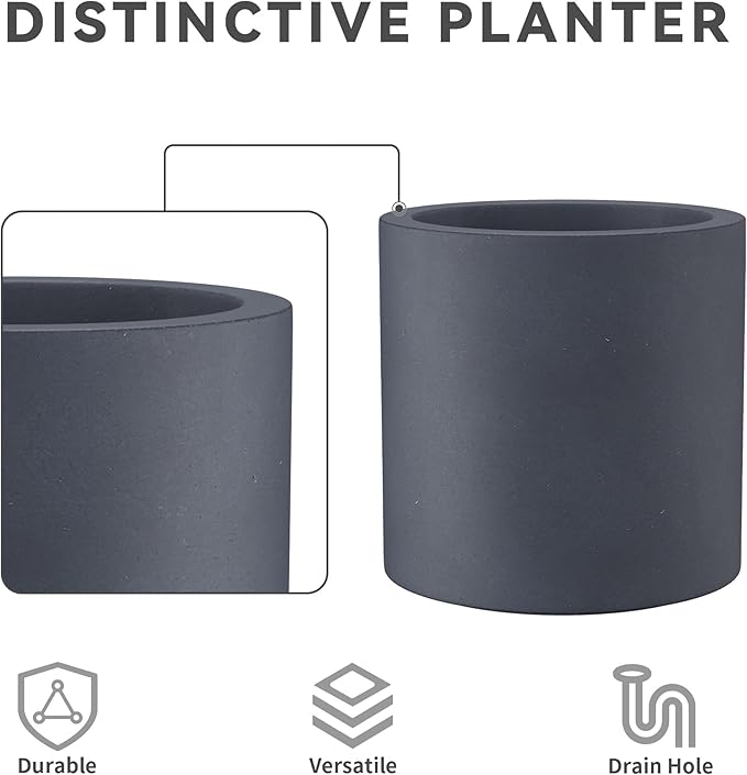 Kante 9.8",12.6",15.7" Dia Round Concrete Planter Set of 3, Modern Style Large Cylindrical Plant Pot with Drainage Hole and Rubber Plug for Indoor Outdoor Patio, Dark Gray