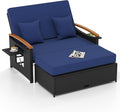 Tangkula Patio Rattan Daybed with 4-Level Adjustable Backrest, Outdoor Wicker Loveseat with Acacia Wood Armrest, Storage Ottoman & Folding Tray, Double Sunbed for Yard & Poolside (Navy & Black)