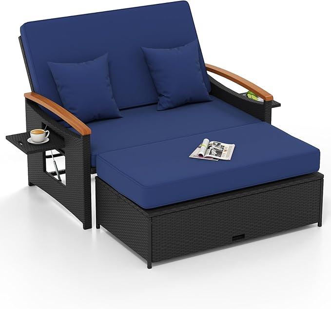 Tangkula Patio Rattan Daybed with 4-Level Adjustable Backrest, Outdoor Wicker Loveseat with Acacia Wood Armrest, Storage Ottoman & Folding Tray, Double Sunbed for Yard & Poolside (Navy & Black)