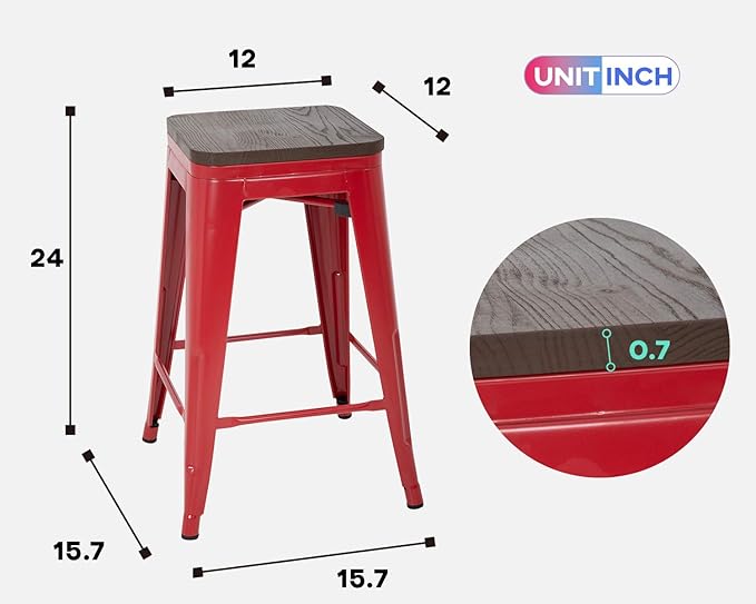 FDW Metal Bar Stools Counter Height Barstool Stackable Barstools Indoor Outdoor Patio Bar Stool Home Kitchen Dining Stool Backless Bar Chair (Red with Wood, 24")