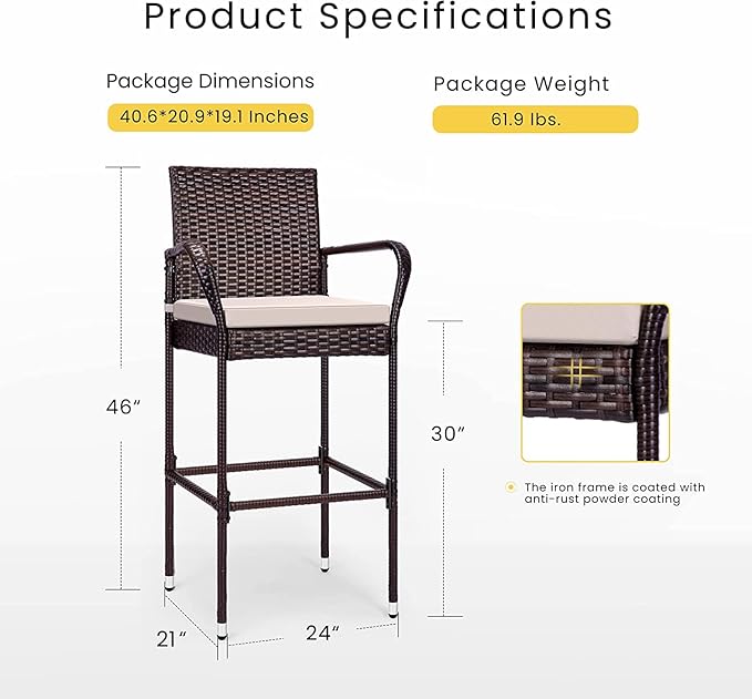 VIVOHOME 4 Packs Outdoor Wicker Barstool Patio Rattan Furniture with Armrests and Cushions, Brown