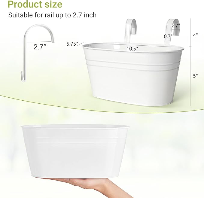Dahey 10.5 Inch Metal Iron Hanging Flower Pots for Railing Fence Hanging Bucket Pots Countryside Style Outdoor Planter Window Flower Plant Holder with Detachable Hooks Home Decor,White,4 Pcs
