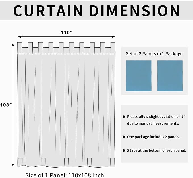Easy-Going Outdoor Patio Curtains Detachable Tab Top Windproof Weatherproof Curtain for Cabana, Porch, Pergola and Gazebo, Tab Bottom Drape, 2 Panels, 110W x 108L inch, Sky Blue