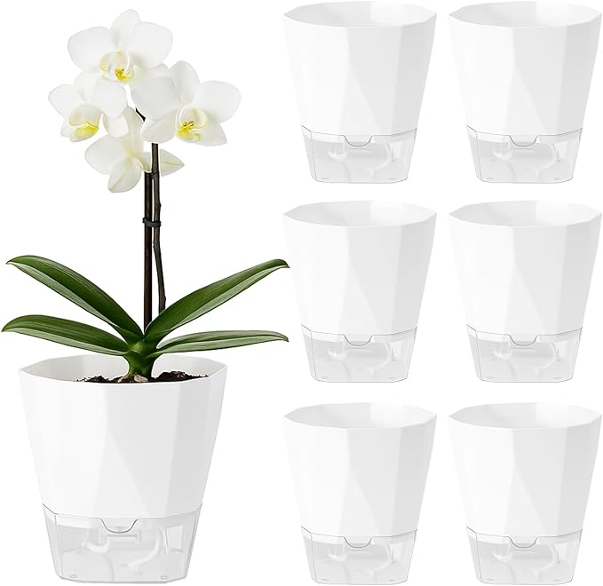 6 Pack Self Watering Plant Pots 6 Inches Self-Watering Planters for Indoor and Outdoor Plants African Violet Succulent Pots Clear Pot for Plants Large Herb Orchid Flower Houseplant Plant, White