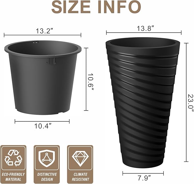 Kante 23 Inch Tall Planter Set of 2, Round Spiral Textured Flower Pots, Decorative Plant Pots for Outdoor Indoor Garden Patio Front Porch (Black)