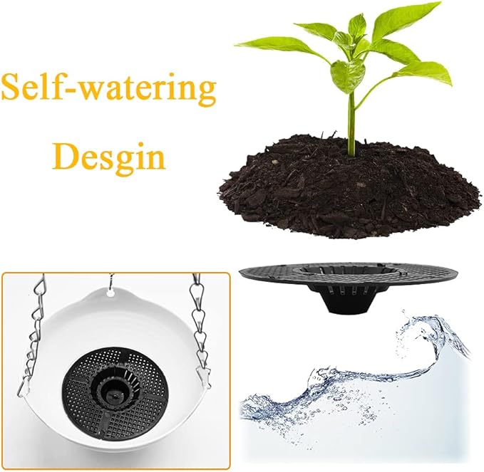 4 Pack 8 inch Hanging Planter Pots,Self-Watering Round Hanging Basket with Water Tray Metal Chain,Succulent Flower Plant Pot Container for Indoor Outdoor Garden Balcony Wall Decor,White