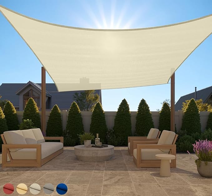 GORILLA GRIP Heavy Duty Sun Shade, UV Protection Fade Tear and Rust Resistant Rectangle Sunshade Canopy, Curved Edges Blocks Sunlight, Breathable Sail, Outdoor Patio, Lawn Garden 12x12 FT Butter Cream