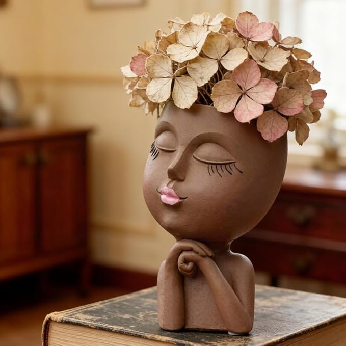 Face Flower Pot Head Planter, Girl Heads Flowerpot, Lady Faces Plant Pot, Female Bust Statue Succulent Pots with Drainage Hole for Indoor Outdoor Plants, Modern Human Art Vase(7" Brown)